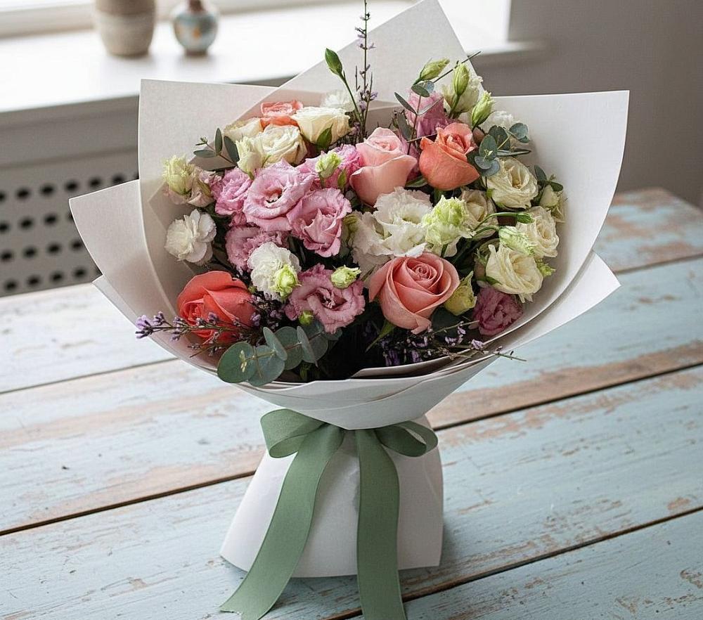 Букет цветов из: Розы, Лизиантусы и Гвоздики в Восточном Ставропольского края