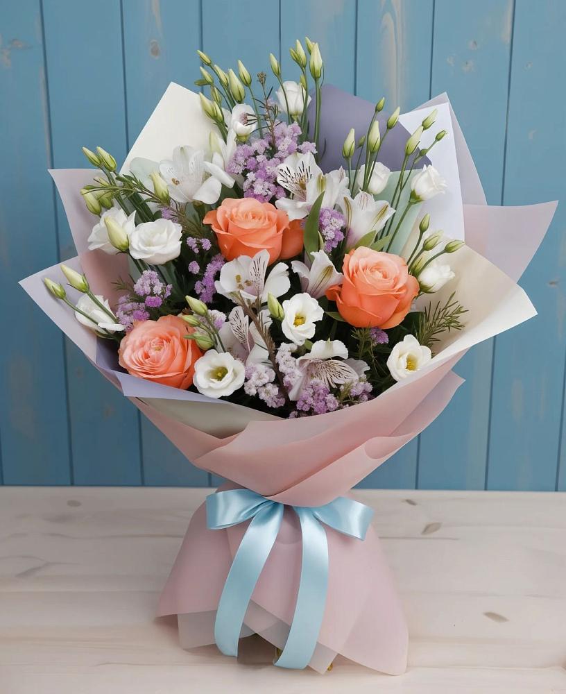 Букет цветов из: Лизиантусы, Розы, Альстромерии и Гипсофила в Восточном Ставропольского края